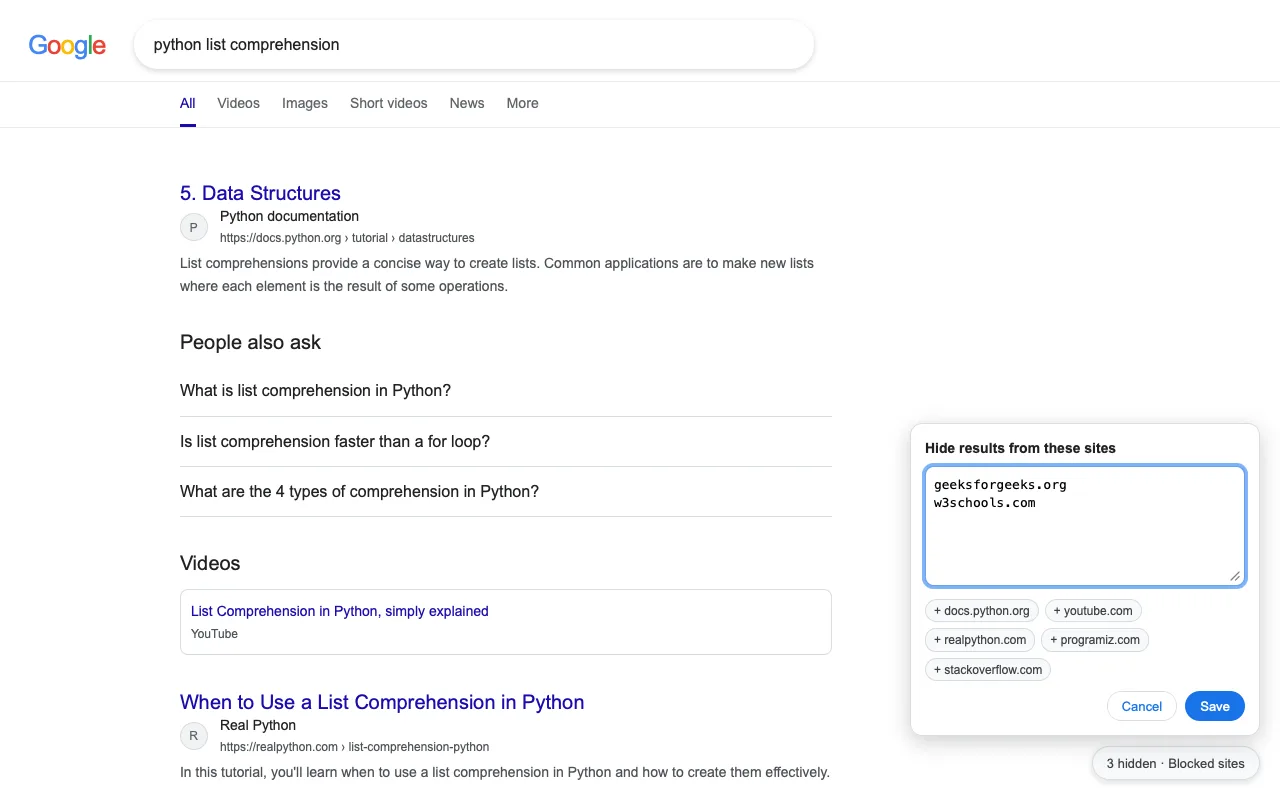 Google with Blocked Sites